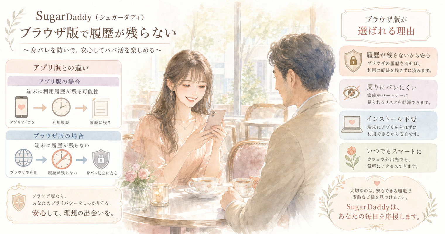 第1位:SugarDaddy(シュガーダディ)、ブラウザ版で履歴が残らない
