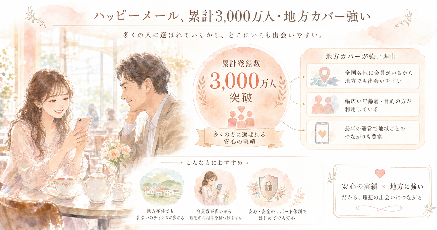 第8位:ハッピーメール、累計3,000万人・地方カバー強い