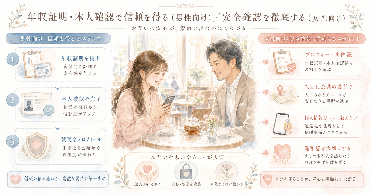 年収証明・本人確認で信頼を得る(男性向け)/安全確認を徹底する(女性向け)