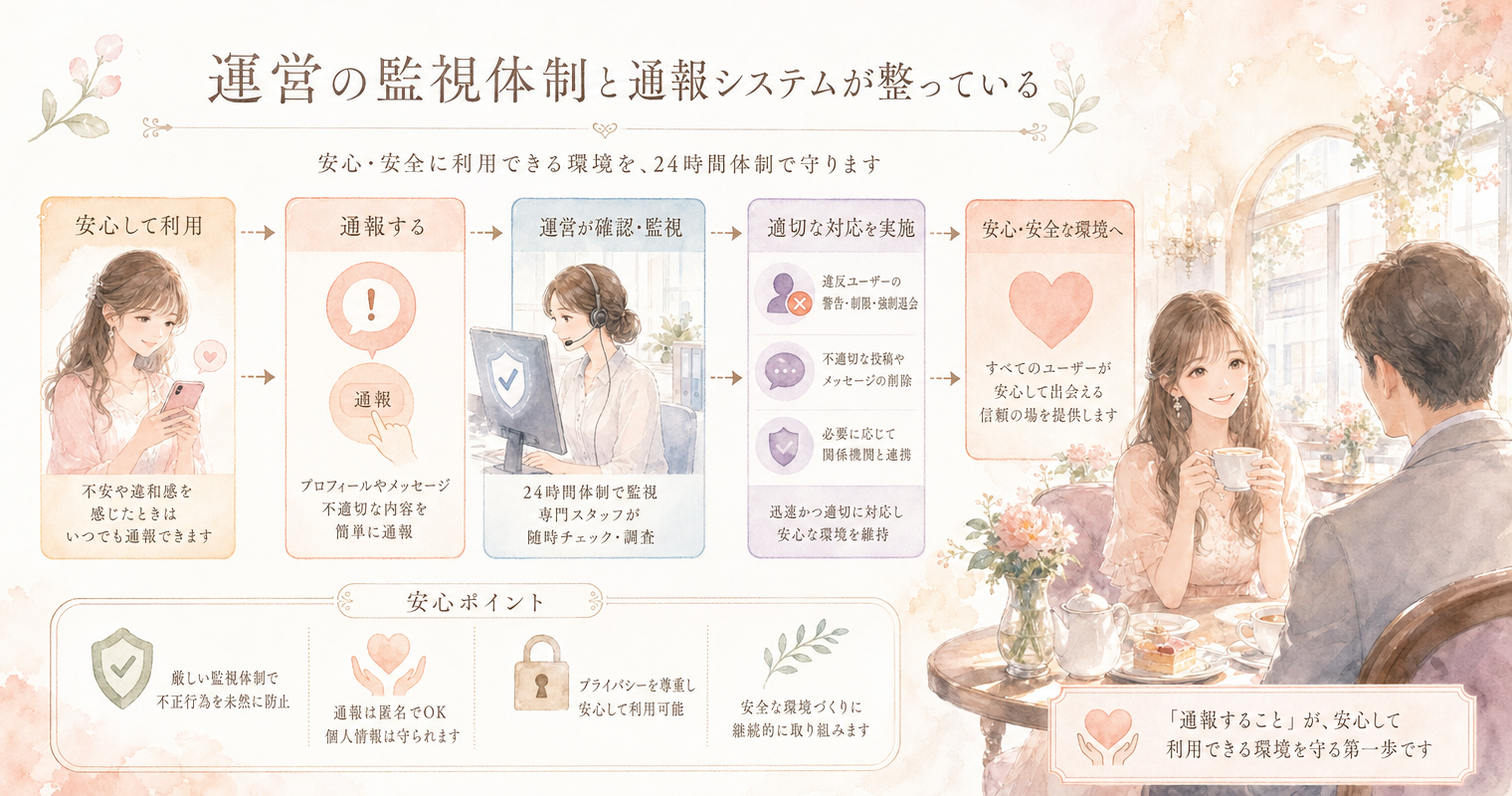 運営の監視体制と通報システムが整っている