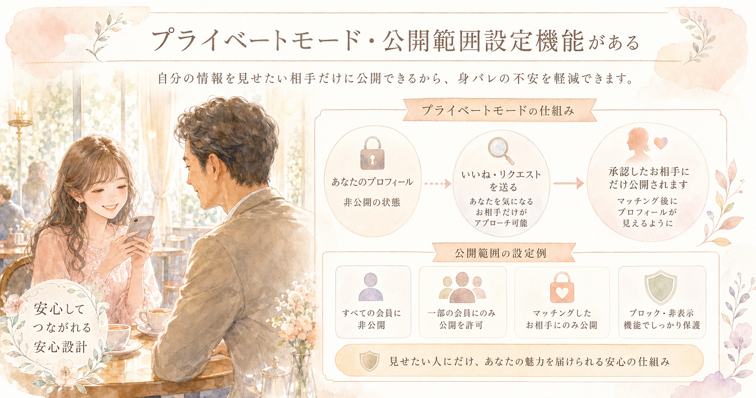 プライベートモード・公開範囲設定機能がある