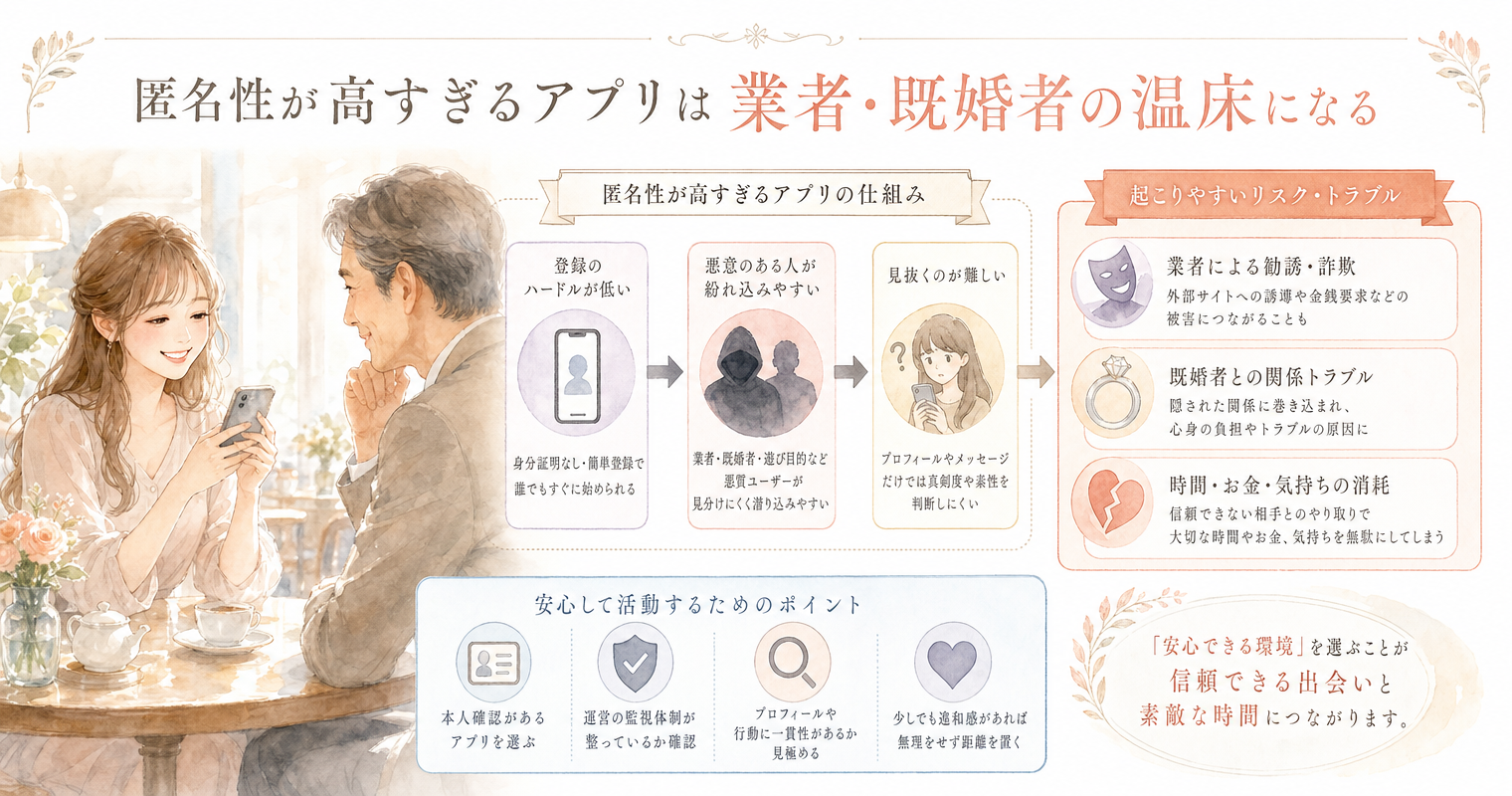 匿名性が高すぎるアプリは業者・既婚者の温床になる