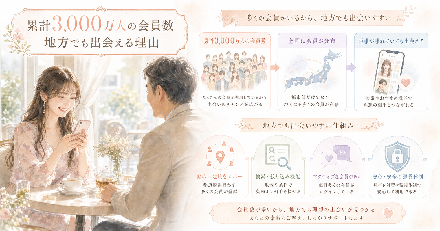 累計3,000万人の会員数——地方でも出会える理由